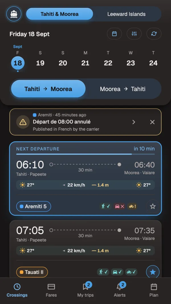 Ferry timetable: next departure, weather and seats left.
