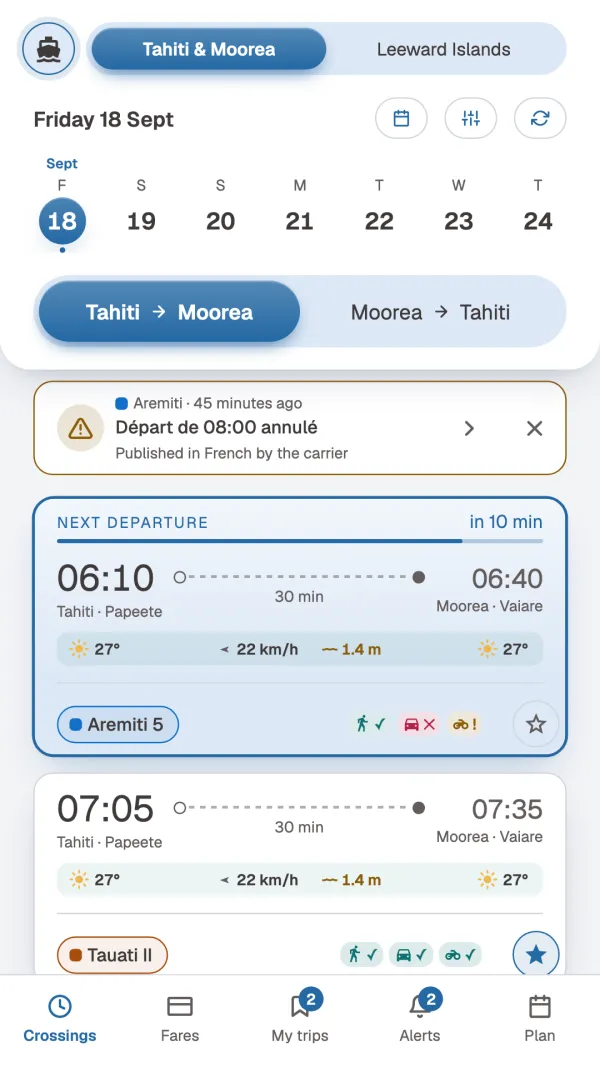 Ferry timetable: next departure, weather and seats left.