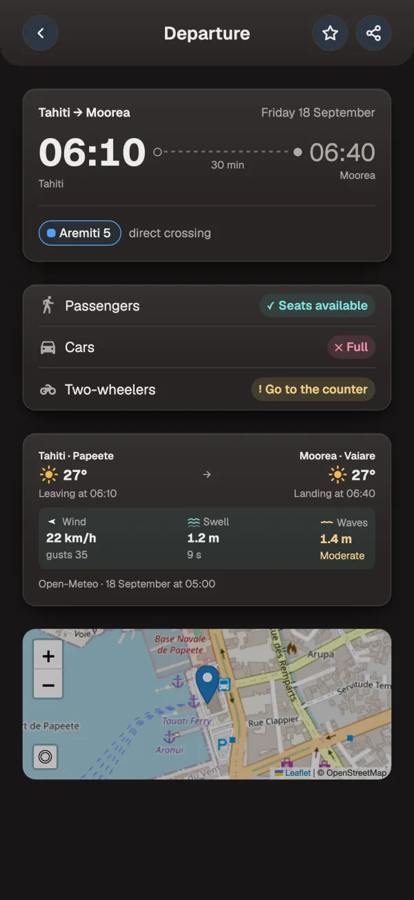 Seats for passengers, cars and two-wheelers, the weather and sea at both quays, and the departure quay on the map.