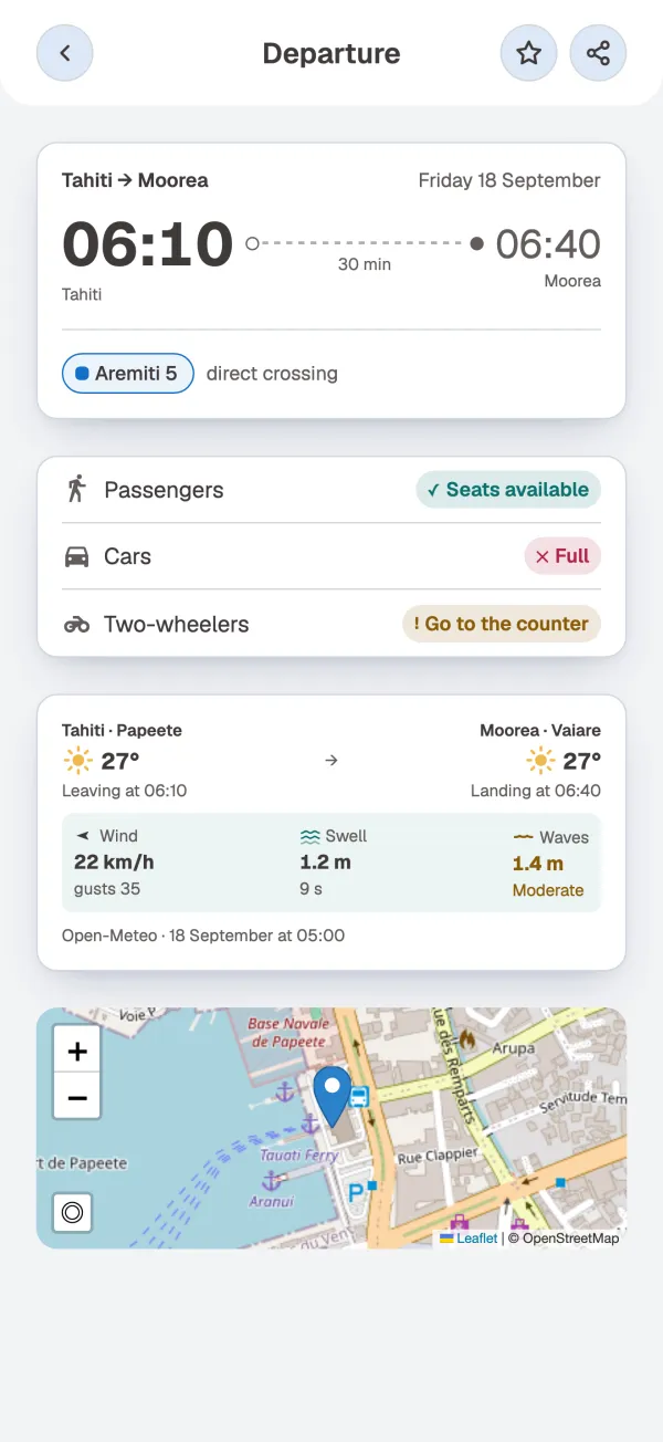 Seats for passengers, cars and two-wheelers, the weather and sea at both quays, and the departure quay on the map.