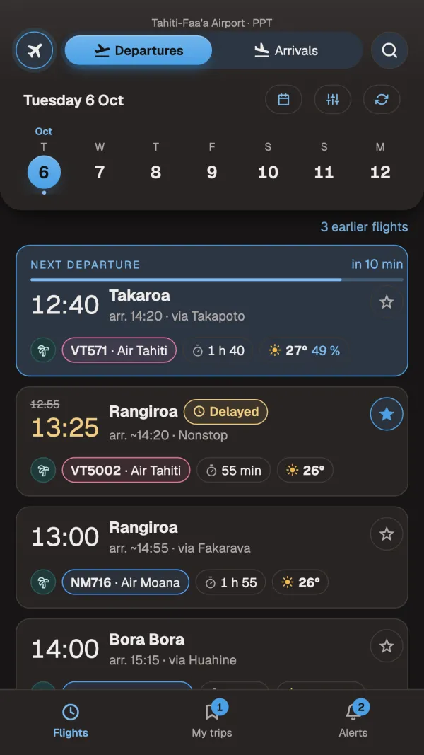 Tahiti-Faa'a flight board with a delayed flight.