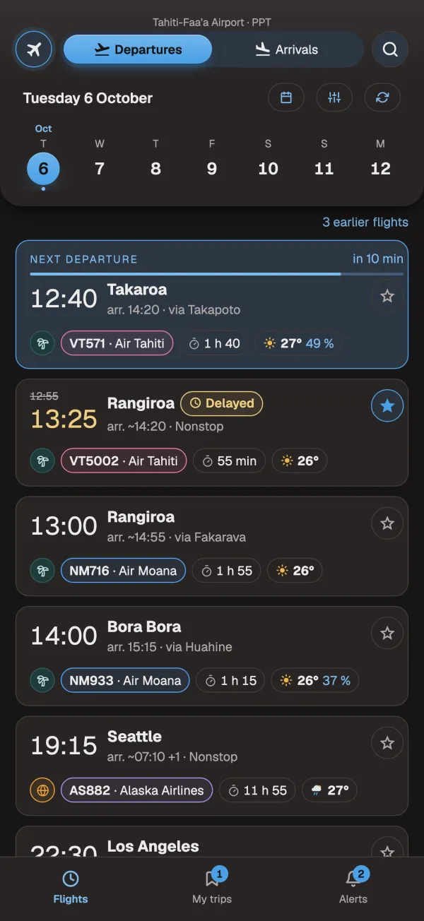 Today's departures, arrivals and delays, island hops and international flights alike.