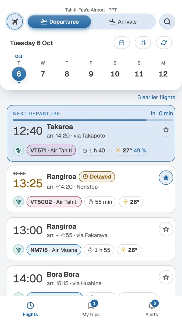 Tahiti-Faa'a flight board with a delayed flight.