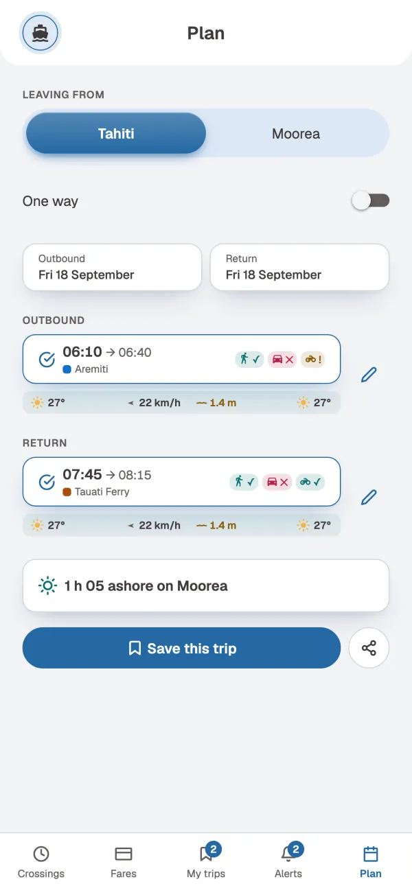 Pick the ferry out and the ferry back, see your time ashore, then save or share the trip.