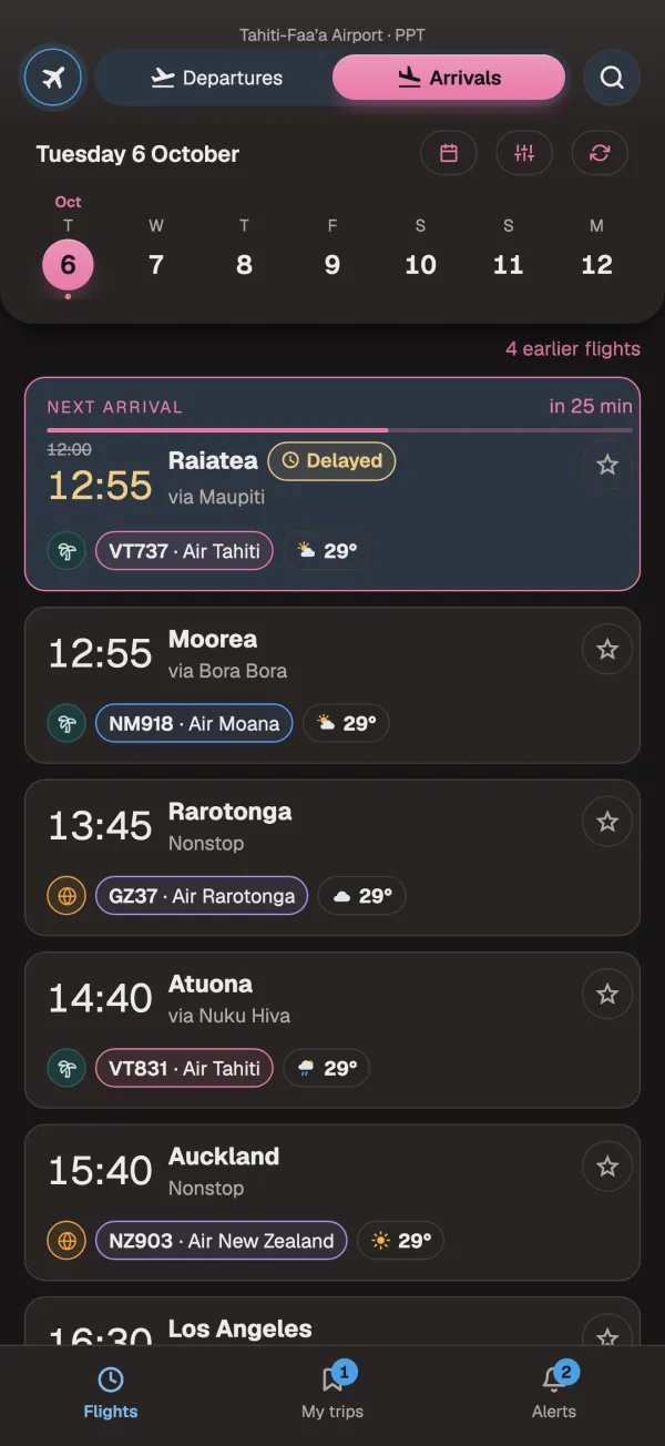 Today's arrivals at Tahiti-Faa'a, with a delayed flight.
