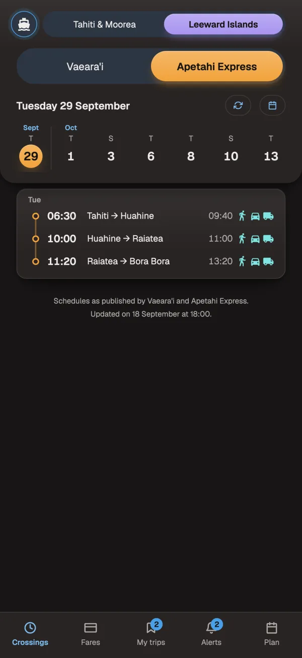 Apetahi Express and Vaeara'i departures, day by day and stop by stop, with what each ship carries.