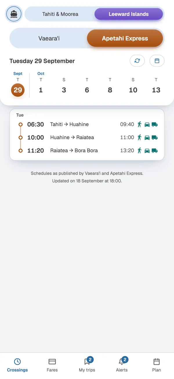 Apetahi Express and Vaeara'i departures, day by day and stop by stop, with what each ship carries.