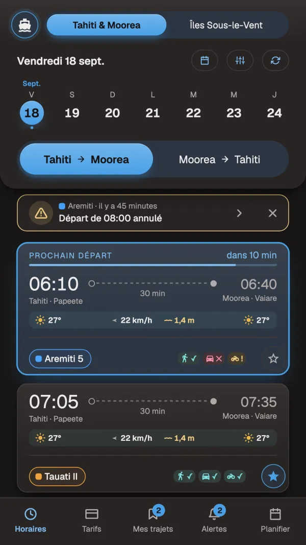 Horaires des ferries : prochain départ, météo et places restantes.