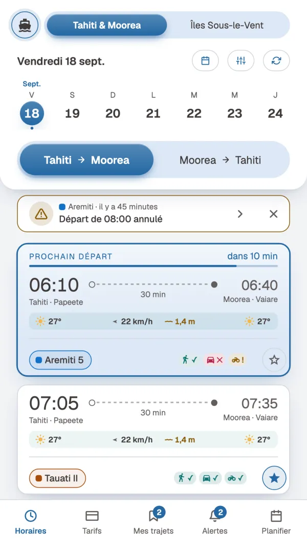 Horaires des ferries : prochain départ, météo et places restantes.