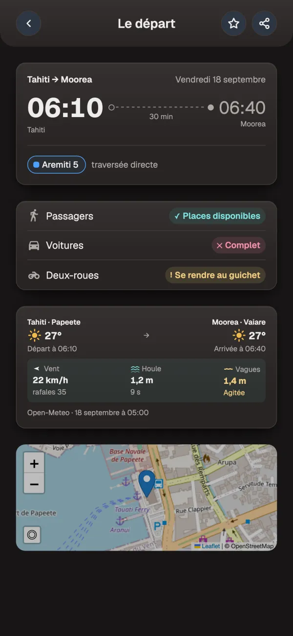 Les places pour les passagers, les voitures et les deux-roues, la météo et la mer aux deux quais, et le quai de départ sur la carte.