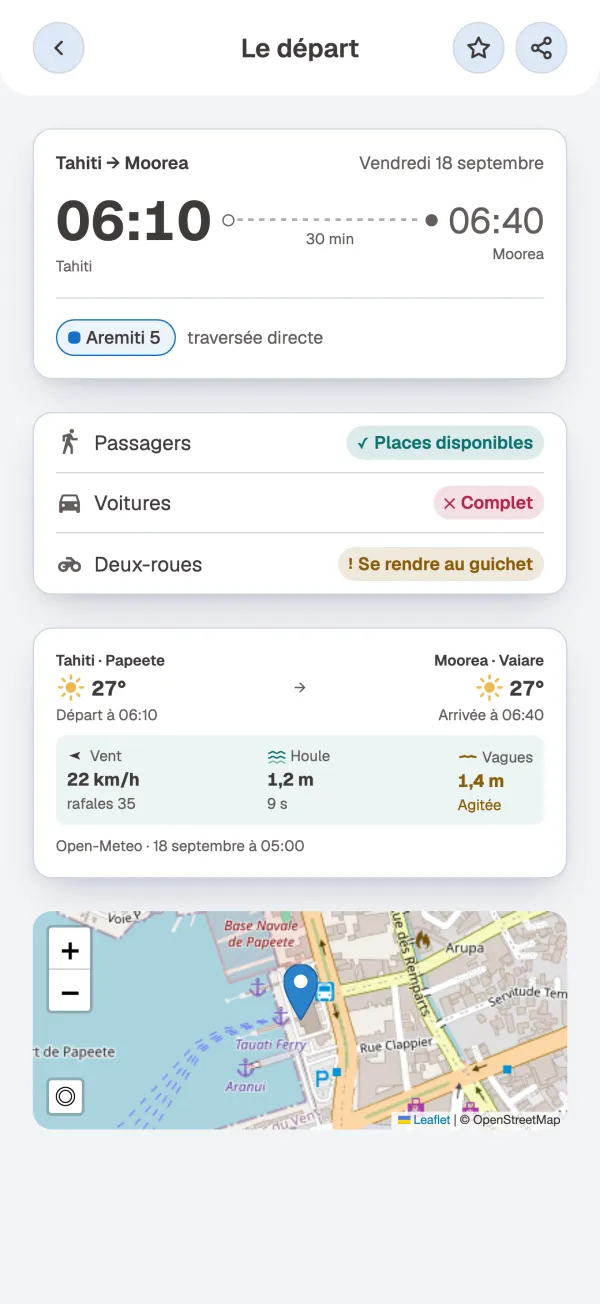 Les places pour les passagers, les voitures et les deux-roues, la météo et la mer aux deux quais, et le quai de départ sur la carte.