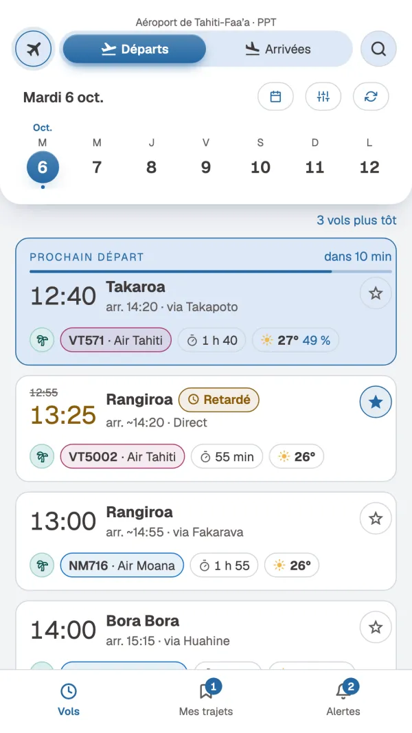 Tableau des vols de Tahiti-Faa'a avec un vol retardé.