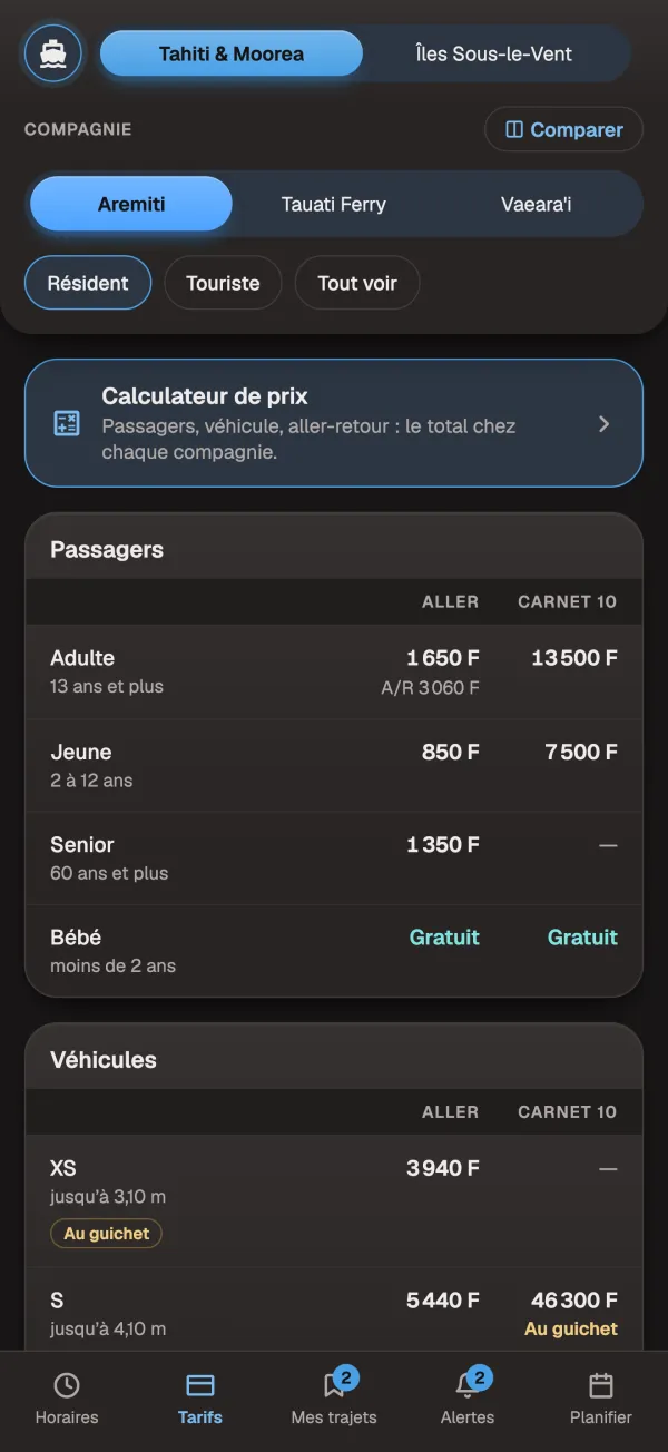 Les prix publiés par Aremiti, Tauati et Vaeara'i, compagnie par compagnie, pour les résidents comme pour les visiteurs.