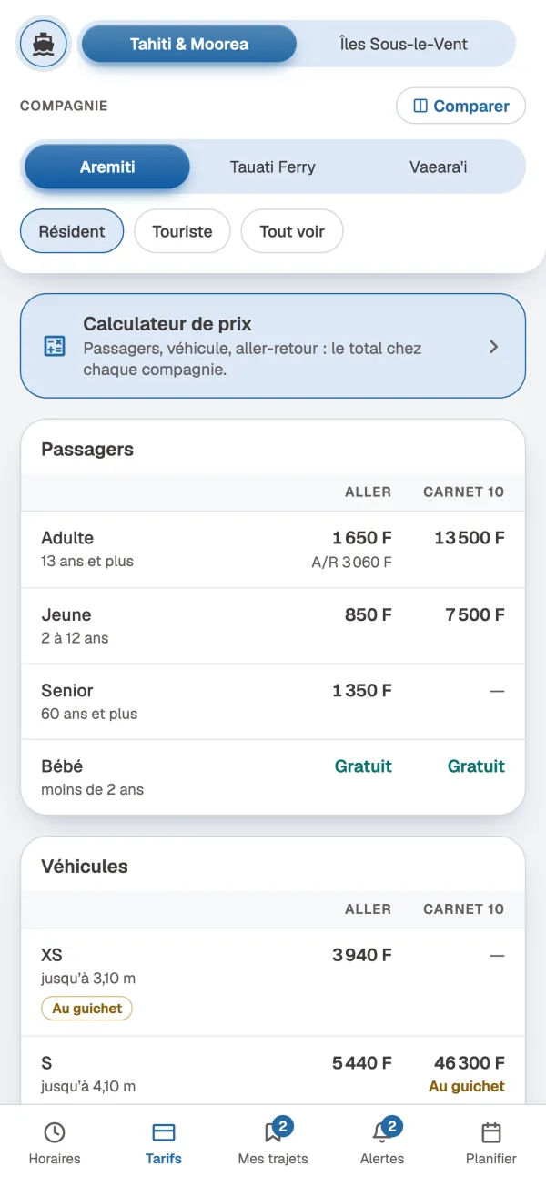 Les prix publiés par Aremiti, Tauati et Vaeara'i, compagnie par compagnie, pour les résidents comme pour les visiteurs.