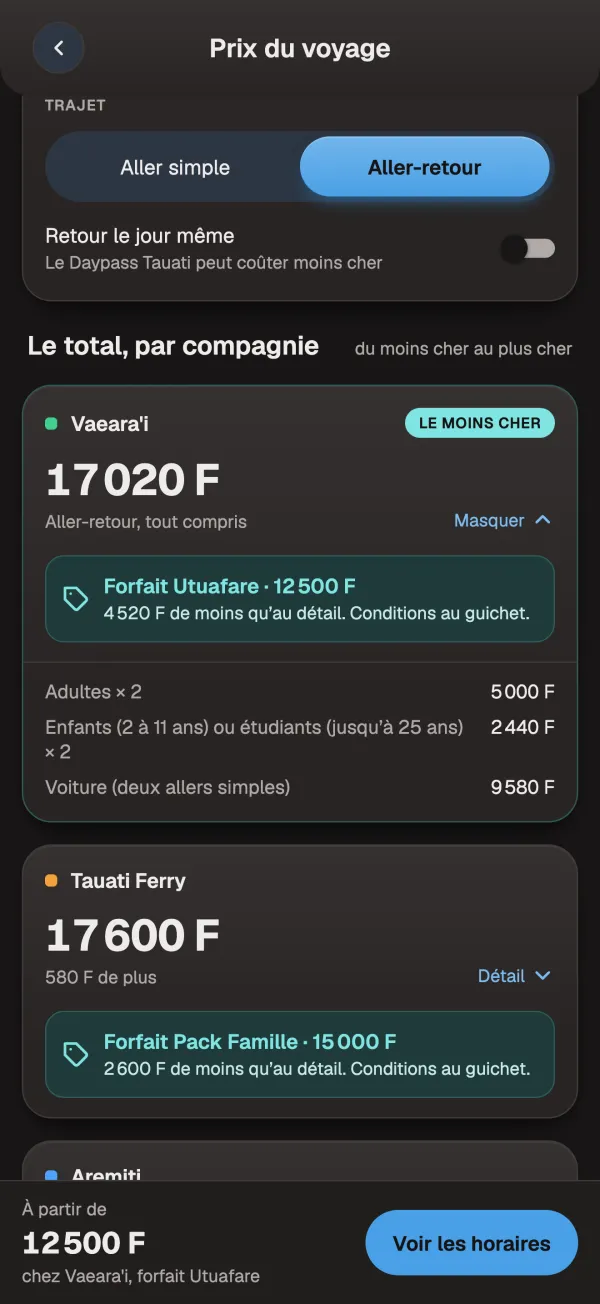 Prix du voyage : le total chez chaque compagnie, le moins cher en tête.