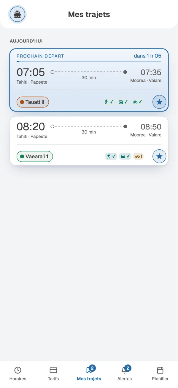 Les départs que vous suivez, avec un rappel avant l'heure et une alerte si l'horaire change.