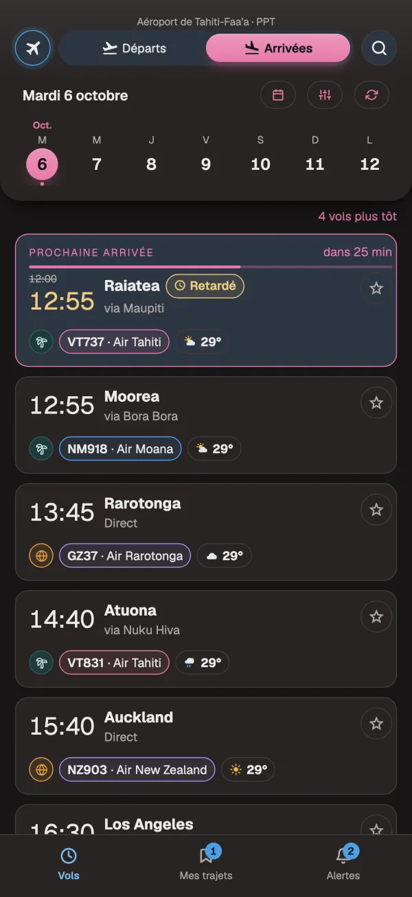 Arrivées du jour à Tahiti-Faa'a, avec un vol retardé.