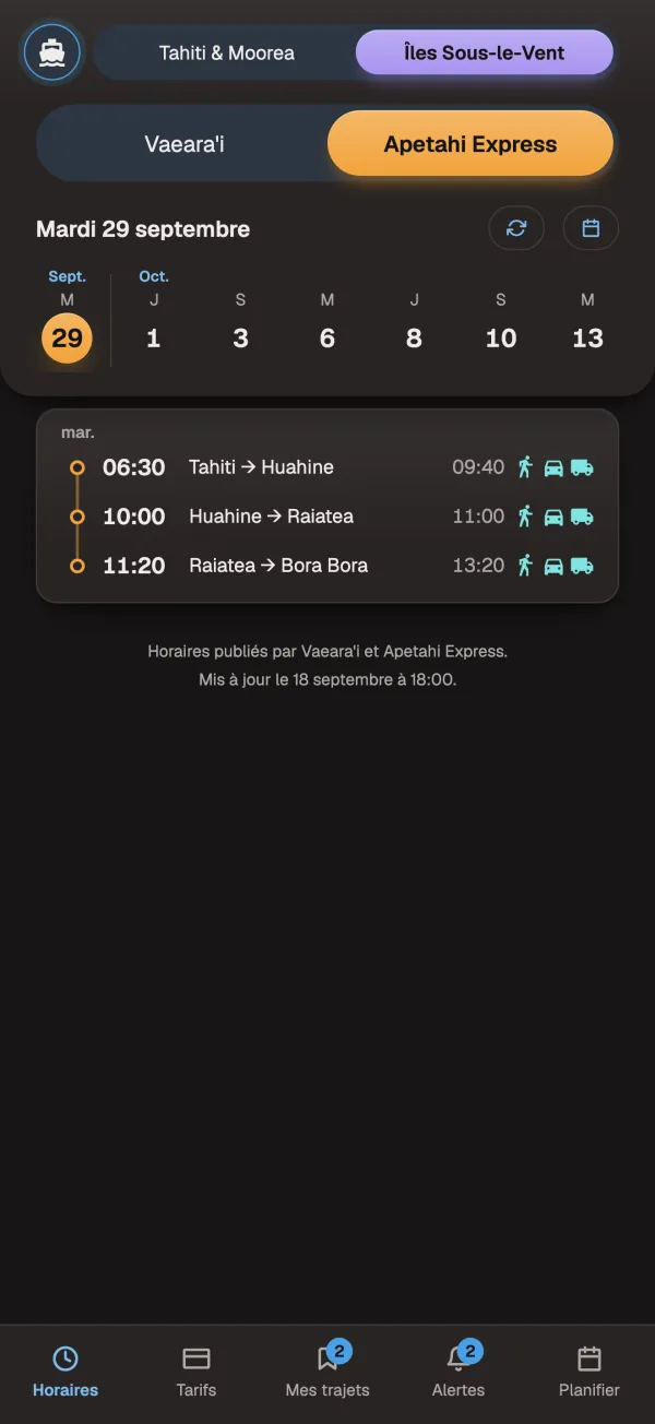 Les départs d'Apetahi Express et de Vaeara'i, jour par jour et escale par escale, avec ce que chaque navire embarque.