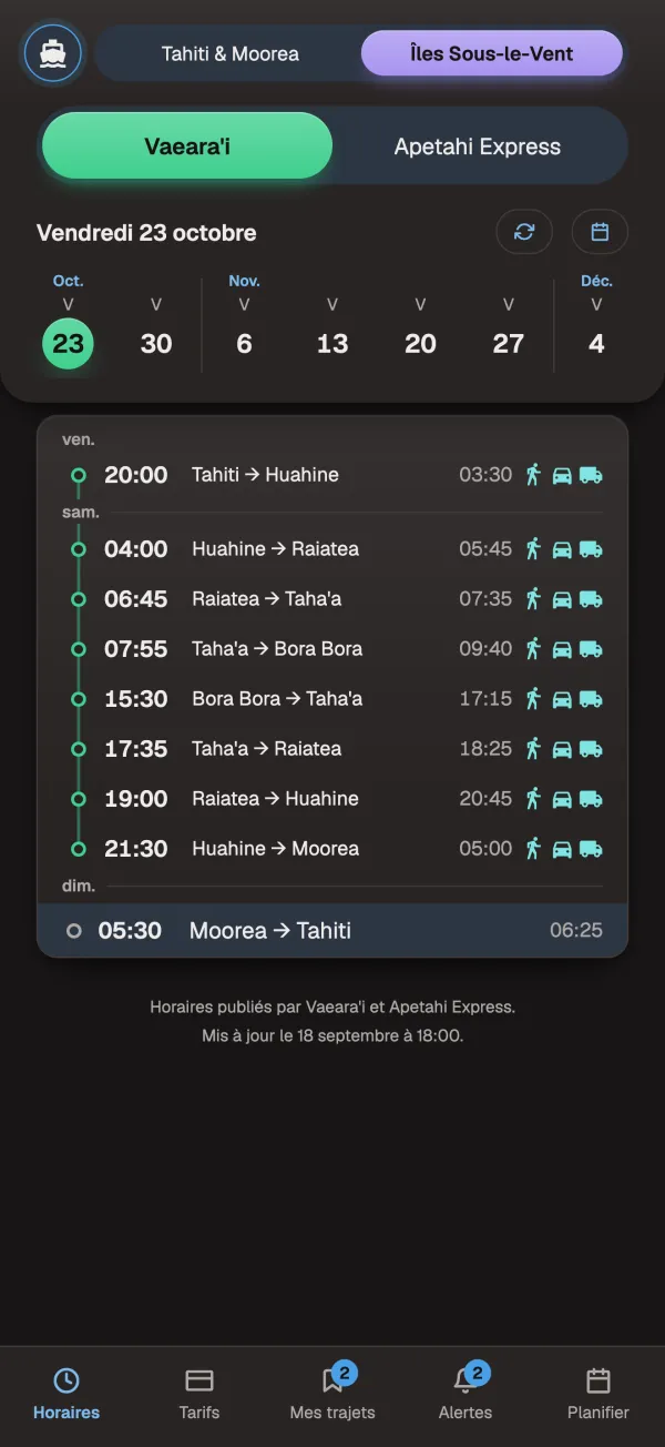 Rotation de Vaeara'i vers les Îles Sous-le-Vent, escale par escale, avec ce que le navire embarque.